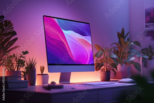 Modern Computer with Lush Greenery