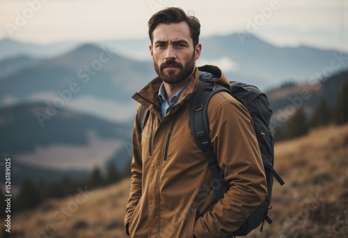 Man in a hiking jacket standing on a hilltop, enjoying the scenic view