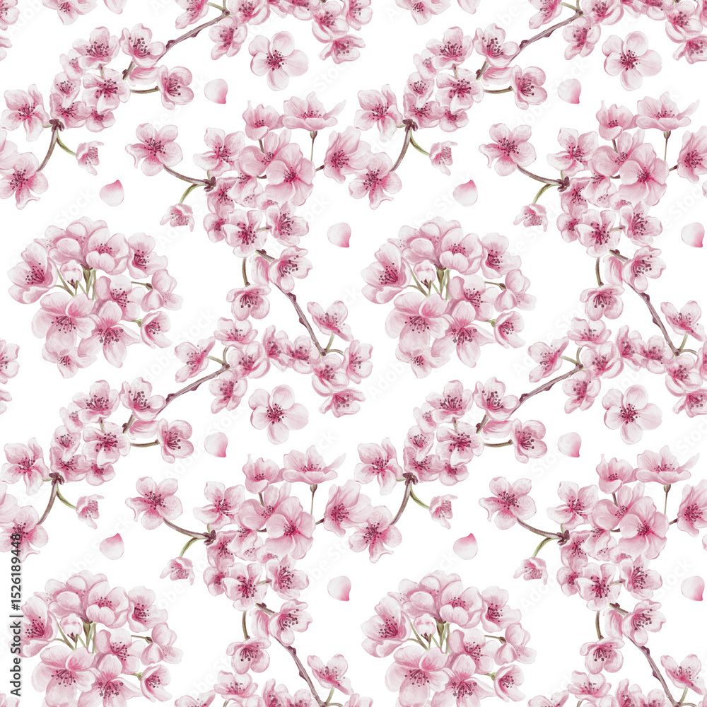 Fototapeta Seamless pattern with sakura flowers. Cherry blossom festival. Small pink flowers on branches. Petals and leaves. Watercolor illustration isolated from background. Hand drawing.