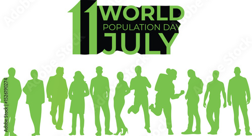 World population day july 11 with green silhouettes of people promoting awareness for the world