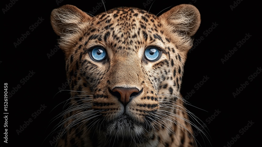 Fototapeta premium Direct gaze from striking leopard, intensely focused with captivating bright blue eyes and spotted coat. Contrasted against stark, black background.