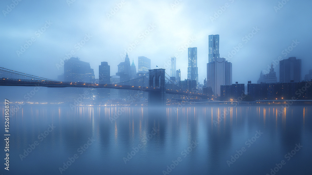 Fototapeta premium serene city skyline shrouded in fog, showcasing urban architecture and reflections