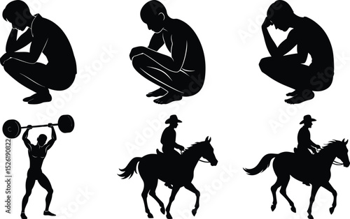 Silhouette people set of vector bundle: squatting, weightlifting, horse riding, isolated on white background