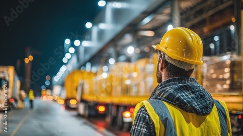 Night shift operations manager overseeing truck logistics in a busy distribution hub. The supervisor ensures smooth and secure handling of goods.