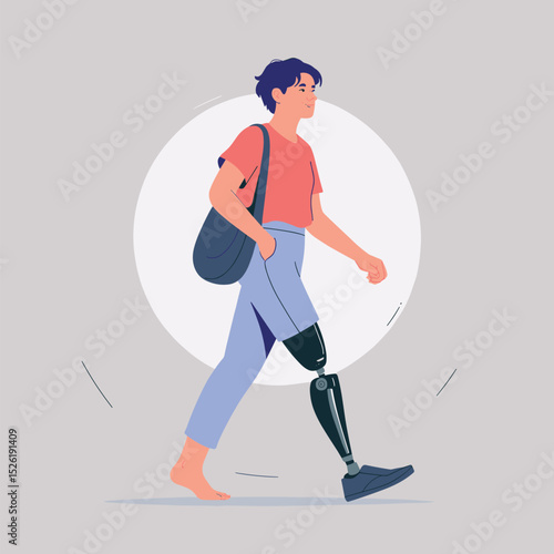 Young person with prosthetic leg confidently walking, casual style and side profile cartoon illustration promoting mobility and disability inclusion
