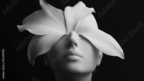 Elegant mannequin adorned with large white flower petals covering eyes against a dark backdrop