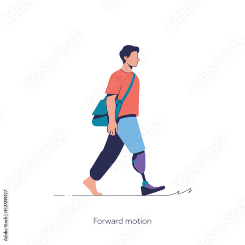 Young person with prosthetic leg confidently walking, casual style and side profile cartoon illustration promoting mobility and disability inclusion
