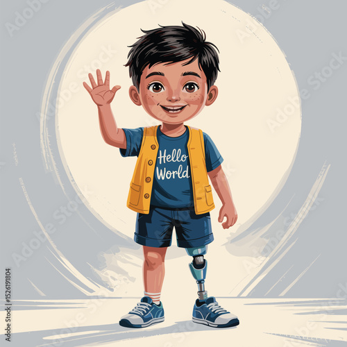 Smiling young boy with prosthetic leg and crutch standing proudly beside sunflower, inspirational cartoon illustration promoting disability inclusion and confidence
