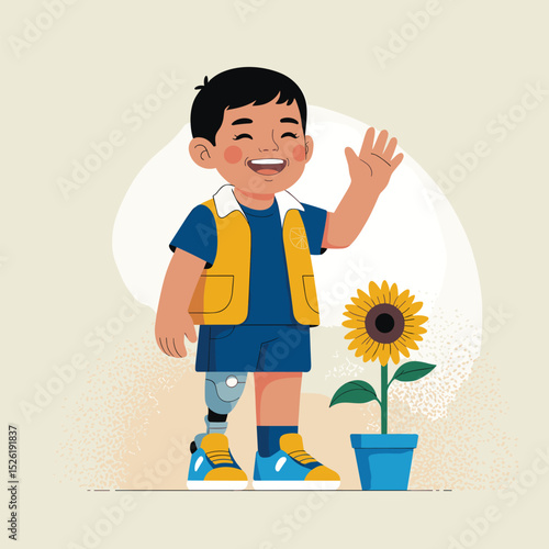 Smiling young boy with prosthetic leg and crutch standing proudly beside sunflower, inspirational cartoon illustration promoting disability inclusion and confidence
