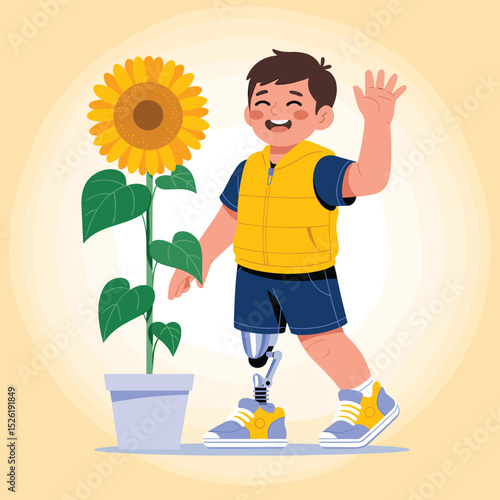Smiling young boy with prosthetic leg and crutch standing proudly beside sunflower, inspirational cartoon illustration promoting disability inclusion and confidence
