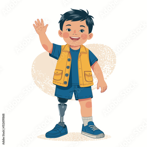 Smiling young boy with prosthetic leg and crutch standing proudly beside sunflower, inspirational cartoon illustration promoting disability inclusion and confidence
