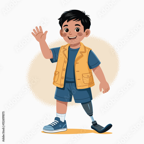Smiling young boy with prosthetic leg and crutch standing proudly beside sunflower, inspirational cartoon illustration promoting disability inclusion and confidence
