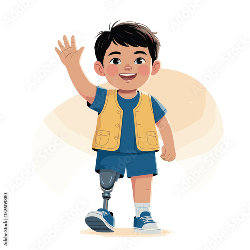 Smiling young boy with prosthetic leg and crutch standing proudly beside sunflower, inspirational cartoon illustration promoting disability inclusion and confidence
