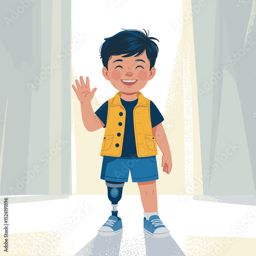Smiling young boy with prosthetic leg and crutch standing proudly beside sunflower, inspirational cartoon illustration promoting disability inclusion and confidence
