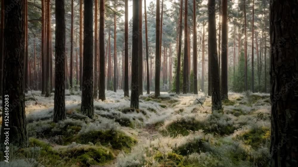 Sunlit pine forest landscape with mossy undergrowth, tall trees, and woodland scene on a bright day Sunlit pine forest landscape with mossy undergrowth, tall trees, and woodland scene on a bright day