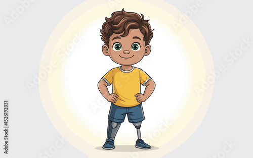 Smiling young boy with prosthetic leg and crutch standing proudly beside sunflower, inspirational cartoon illustration promoting disability inclusion and confidence
