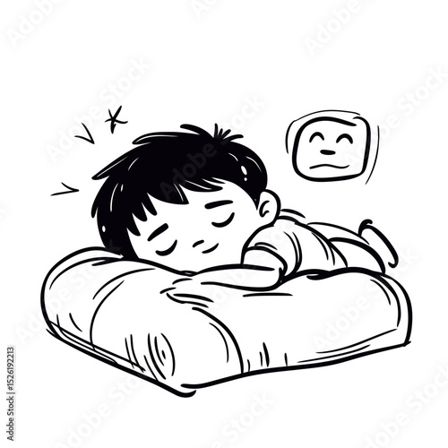 Hand drawn doodle sketch of peaceful sleeping boy lying on cushion with relaxed face and closed eyes simple black and white line art illustration