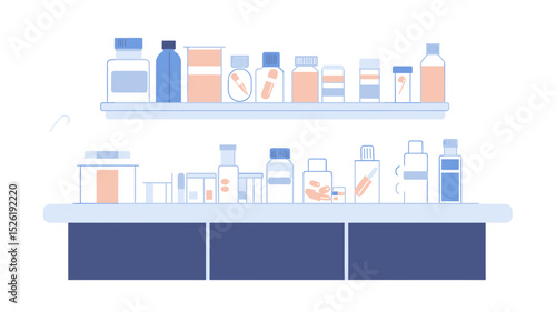 Minimalist vector illustration of medicine bottles and pill containers on shelves in pharmacy shelf organized with different prescription drugs and healthcare products