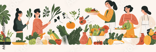 Group of diverse women preparing and cooking fresh healthy vegetables and salads with minimalist flat vector style emphasizing balanced vegetarian and vegan meals concept