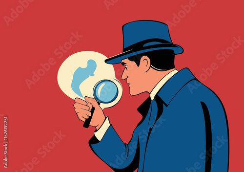 Detective man in blue coat and fedora hat examining smoke with magnifying glass over red background investigation concept vector illustration