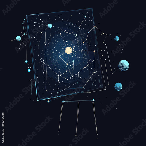Abstract cosmic star map and constellation diagram on easel with planets and stars in minimalist vector style for space and astronomy concept design