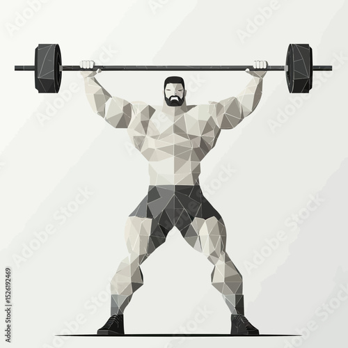 Strong muscular man lifting heavy barbell overhead geometric polygonal style weightlifting competition power and strength training fitness concept vector illustration