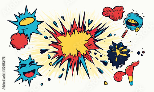 Colorful comic style explosion and burst bubbles with expressive faces and retro halftone dots in flat minimalist vector design for pop art graphics and fun effects