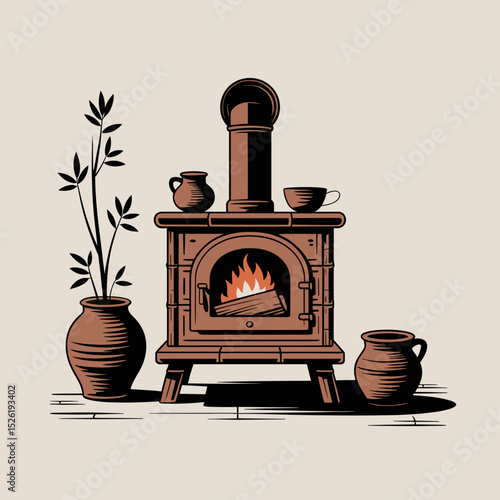 Old-fashioned clay and wood fire stove with pot, silhouette style, black on white 