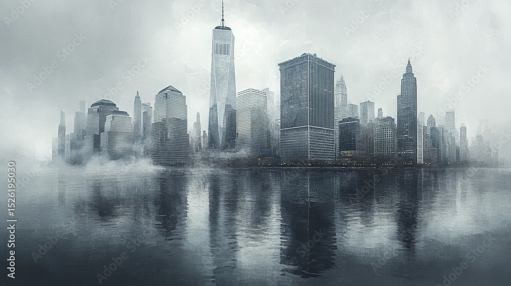 Fototapeta premium foggy day in city with skyscrapers reflecting on water creates mysterious atmosphere