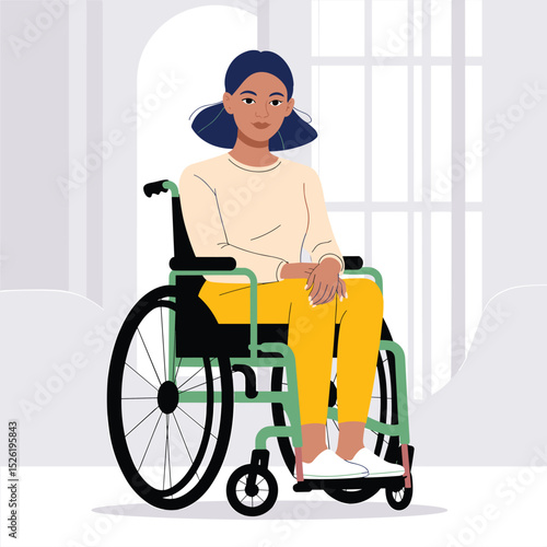 Young woman sitting calmly in a wheelchair, flat style illustration promoting disability inclusion and accessibility
