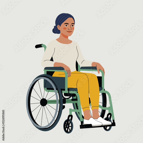 Young woman sitting calmly in a wheelchair, flat style illustration promoting disability inclusion and accessibility
