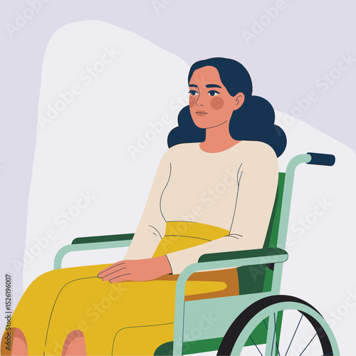 Young woman sitting calmly in a wheelchair, flat style illustration promoting disability inclusion and accessibility
