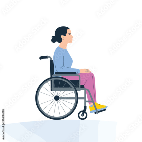 Young woman sitting calmly in a wheelchair, flat style illustration promoting disability inclusion and accessibility
