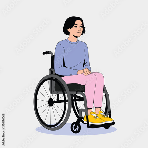 Young woman sitting calmly in a wheelchair, flat style illustration promoting disability inclusion and accessibility
