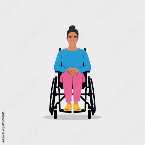Young woman sitting calmly in a wheelchair, flat style illustration promoting disability inclusion and accessibility
