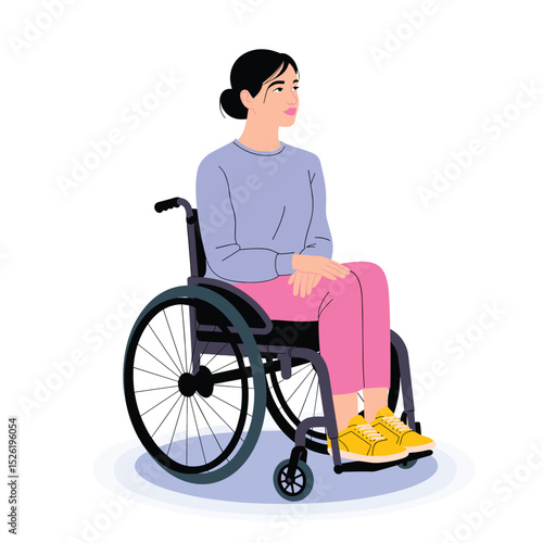Young woman sitting calmly in a wheelchair, flat style illustration promoting disability inclusion and accessibility
