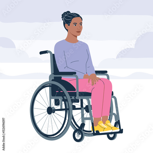 Young woman sitting calmly in a wheelchair, flat style illustration promoting disability inclusion and accessibility
