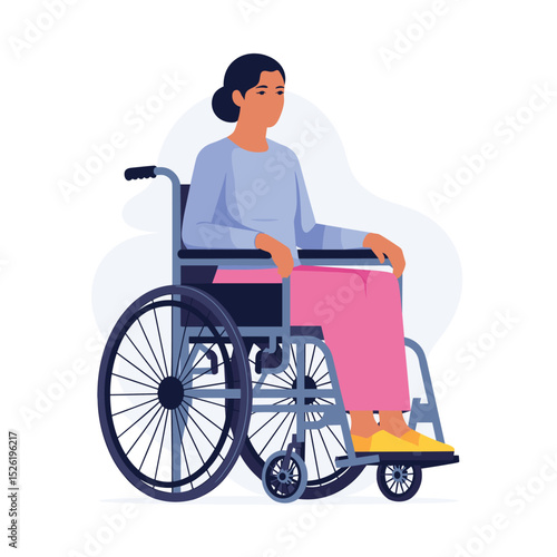 Young woman sitting calmly in a wheelchair, flat style illustration promoting disability inclusion and accessibility
