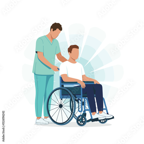 Cartoon nurse providing care to young man in wheelchair, concept of medical support and rehabilitation
