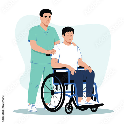 Cartoon nurse providing care to young man in wheelchair, concept of medical support and rehabilitation

