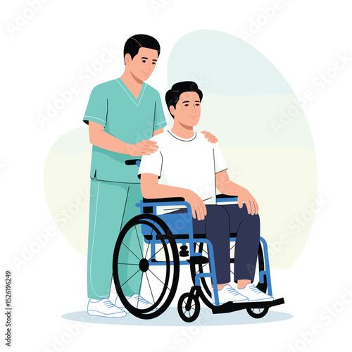 Cartoon nurse providing care to young man in wheelchair, concept of medical support and rehabilitation
