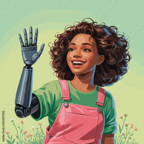 Smiling young woman with afro hairstyle and bionic arm wearing pink overalls, cartoon illustration celebrating disability inclusion and empowerment

