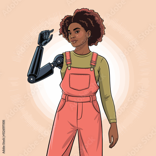 Smiling young woman with afro hairstyle and bionic arm wearing pink overalls, cartoon illustration celebrating disability inclusion and empowerment

