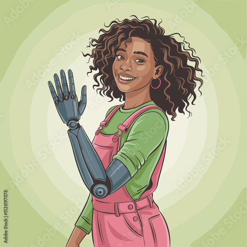 Smiling young woman with afro hairstyle and bionic arm wearing pink overalls, cartoon illustration celebrating disability inclusion and empowerment
