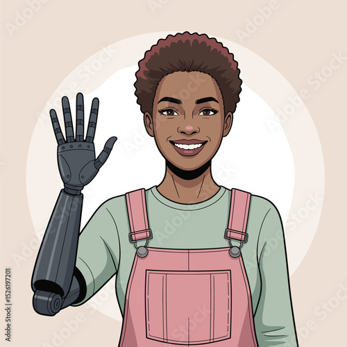Smiling young woman with afro hairstyle and bionic arm wearing pink overalls, cartoon illustration celebrating disability inclusion and empowerment
