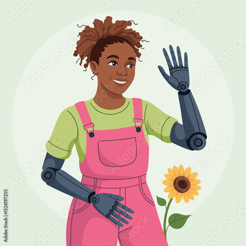 Smiling young woman with afro hairstyle and bionic arm wearing pink overalls, cartoon illustration celebrating disability inclusion and empowerment
