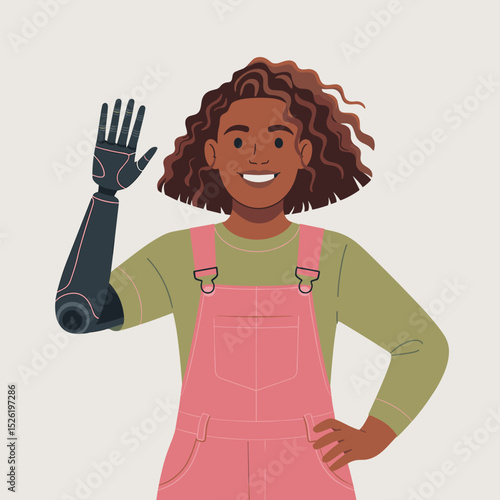 Smiling young woman with afro hairstyle and bionic arm wearing pink overalls, cartoon illustration celebrating disability inclusion and empowerment
