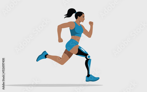 Determined female athlete with prosthetic leg running in sportswear, symbol of strength and empowerment
