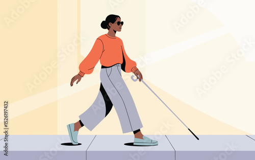 Confident blind woman walking with white cane and wearing sunglasses, modern flat illustration of independence
