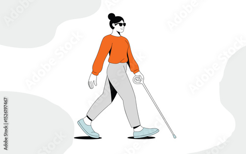 Confident blind woman walking with white cane and wearing sunglasses, modern flat illustration of independence
